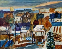 Suburb in Snow: Grey Geometric Oil on Canvas Landscape Painting by Polish Artist