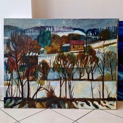The River Freezing Over -Oil on Canvas Landscape Painting by Contemporary Artist