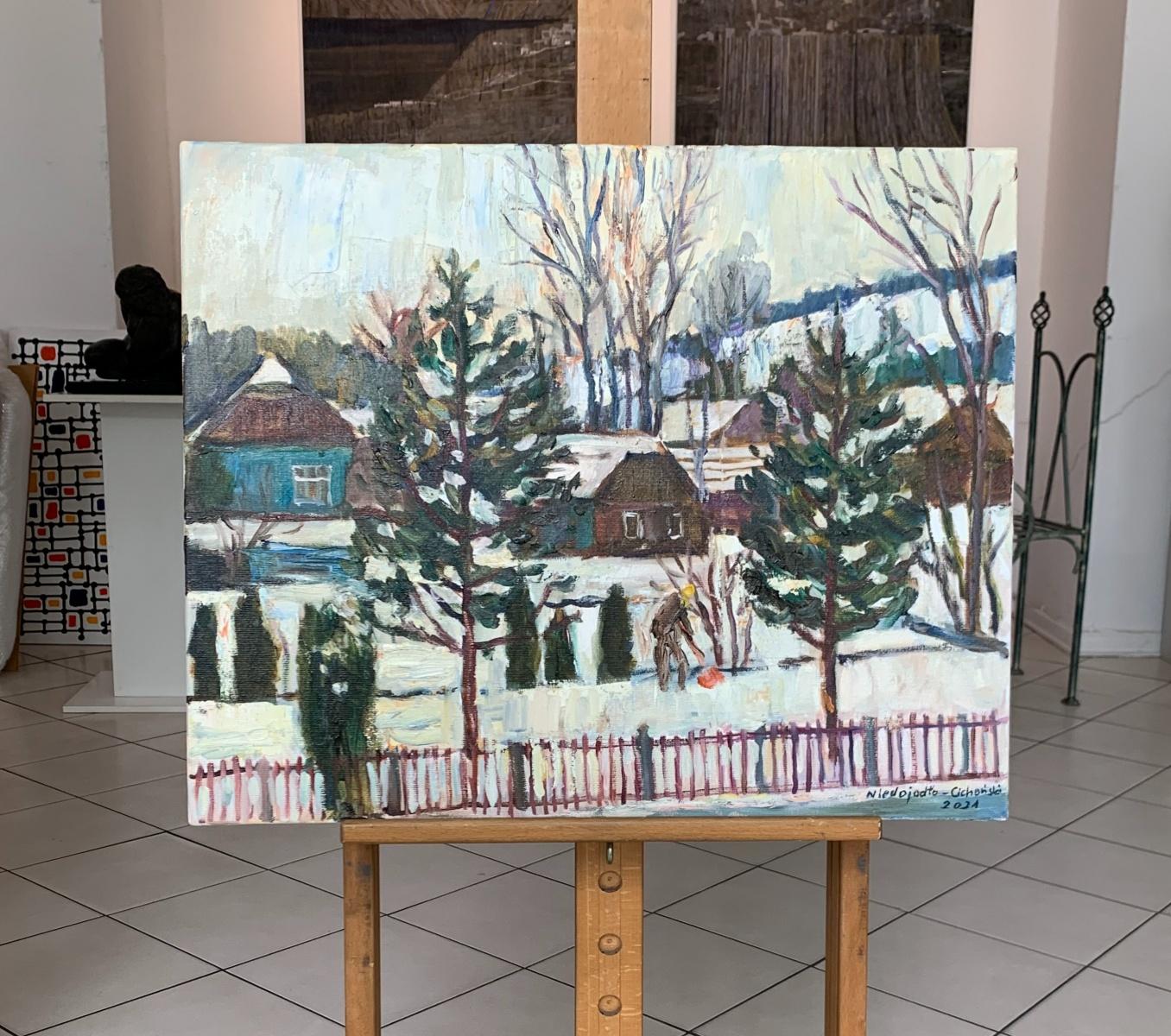L'inverno in campagna. Pittura ad olio figurativa, Colorato, Artista polacco - Painting di Marek Niedojadło