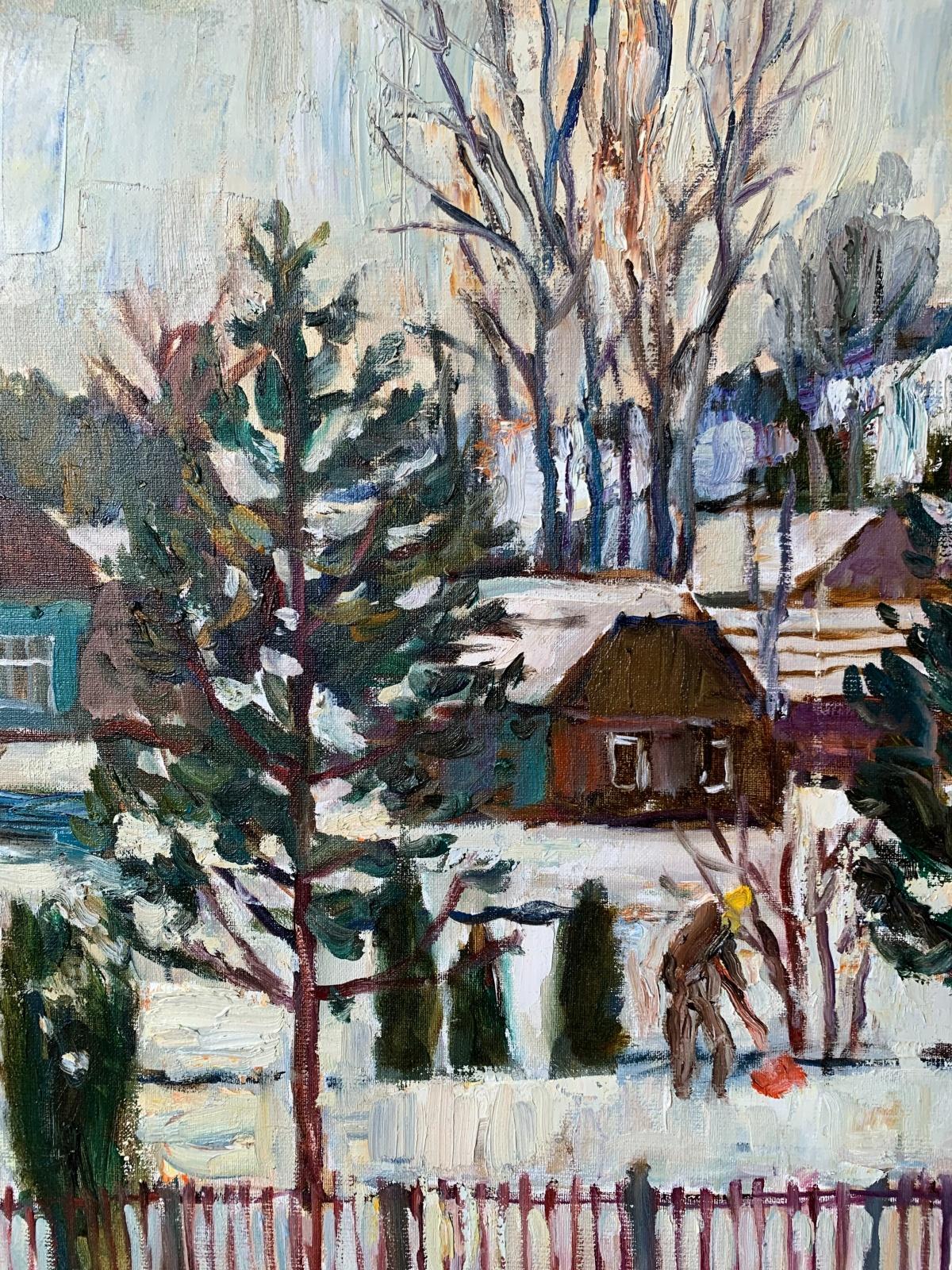 L'inverno in campagna. Pittura ad olio figurativa, Colorato, Artista polacco - Painting Altro stile artistico di Marek Niedojadło