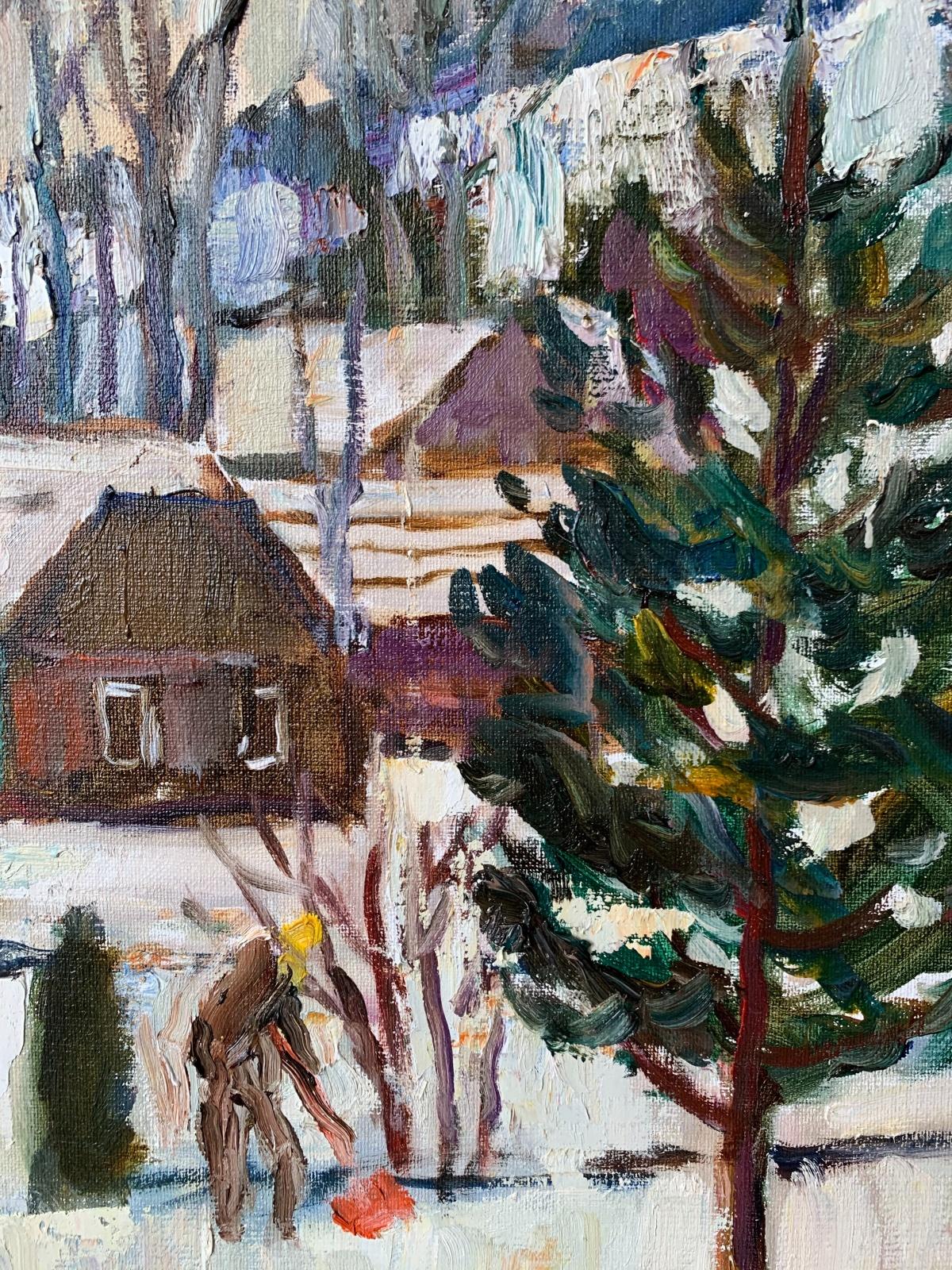 L'inverno in campagna. Pittura ad olio figurativa, Colorato, Artista polacco - Landscape Painting Grigio di Marek Niedojadło