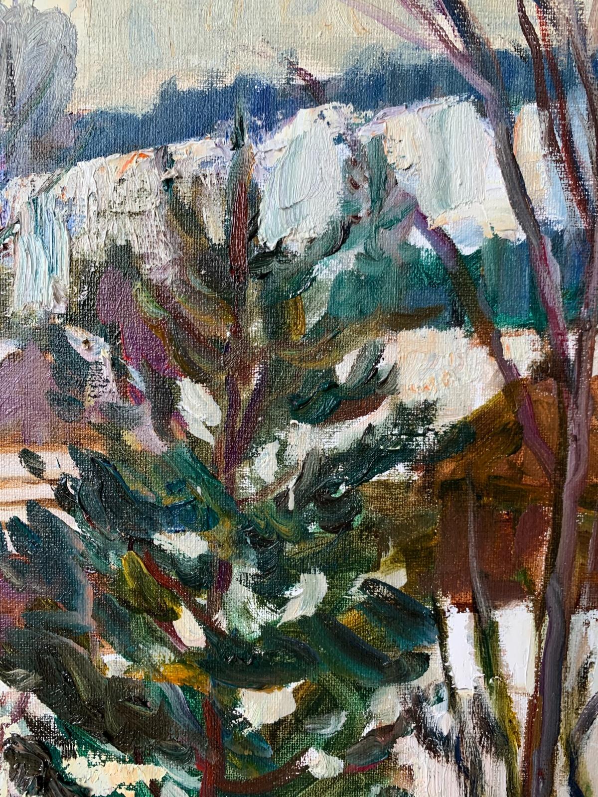 L'inverno in campagna. Pittura ad olio figurativa, Colorato, Artista polacco in vendita 1