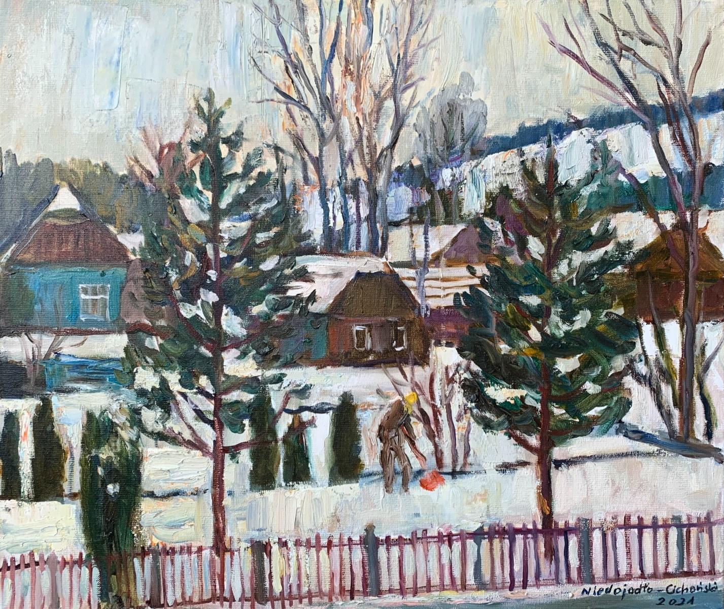 Landscape Painting di Marek Niedojadło - L'inverno in campagna. Pittura ad olio figurativa, Colorato, Artista polacco