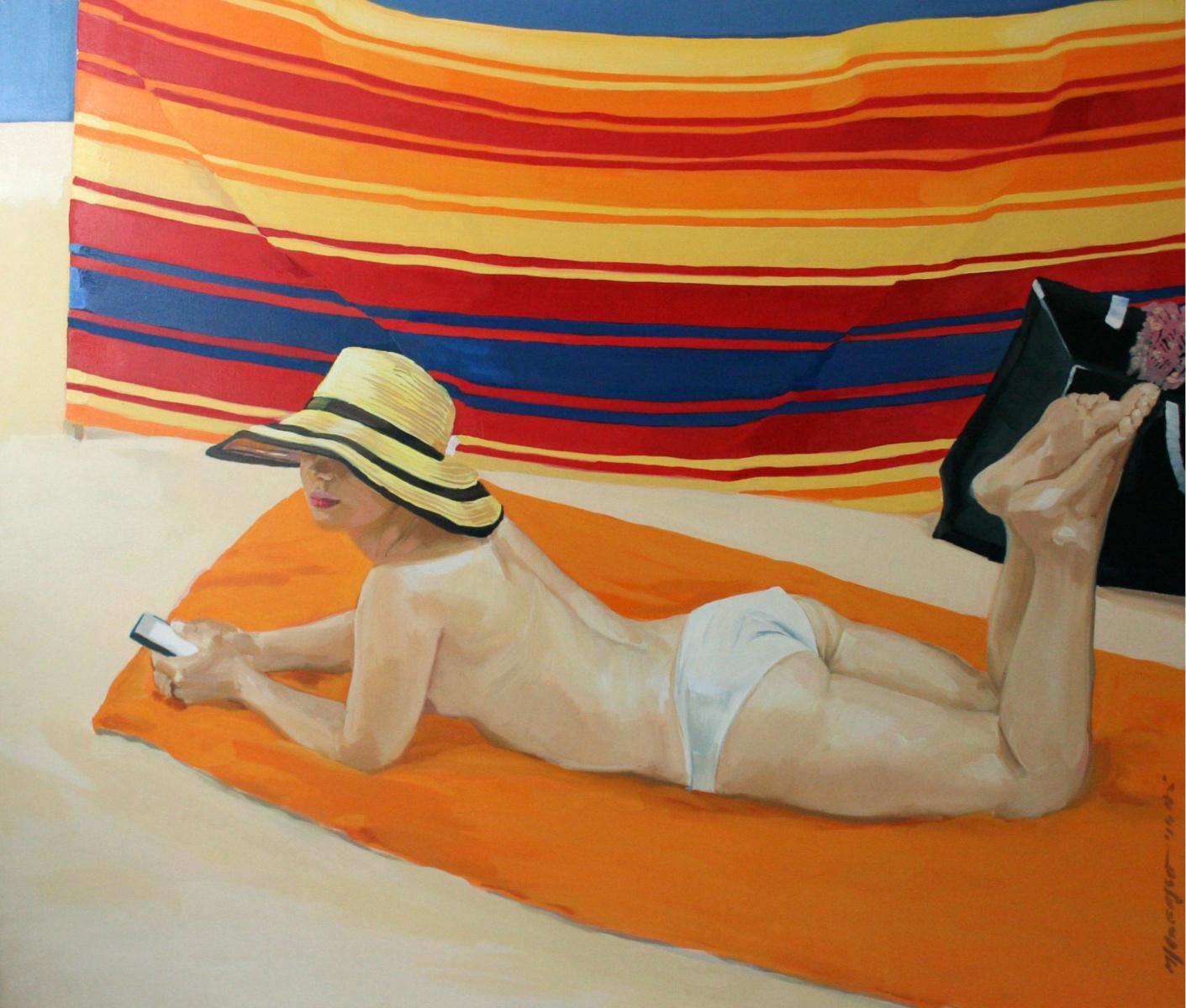 Marek Okrassa Figurative Painting - A Beach Screen - Contemporaty Oil on canvas, Figurative realist painting