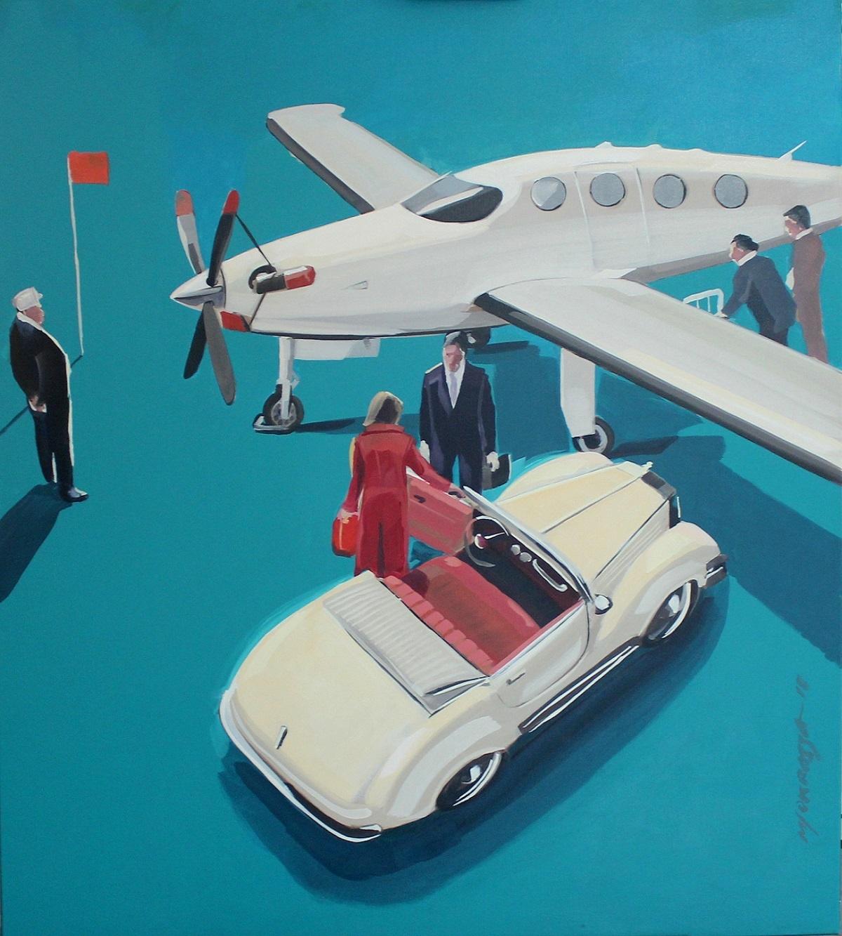 Marek Okrassa Figurative Painting - A white airplane
