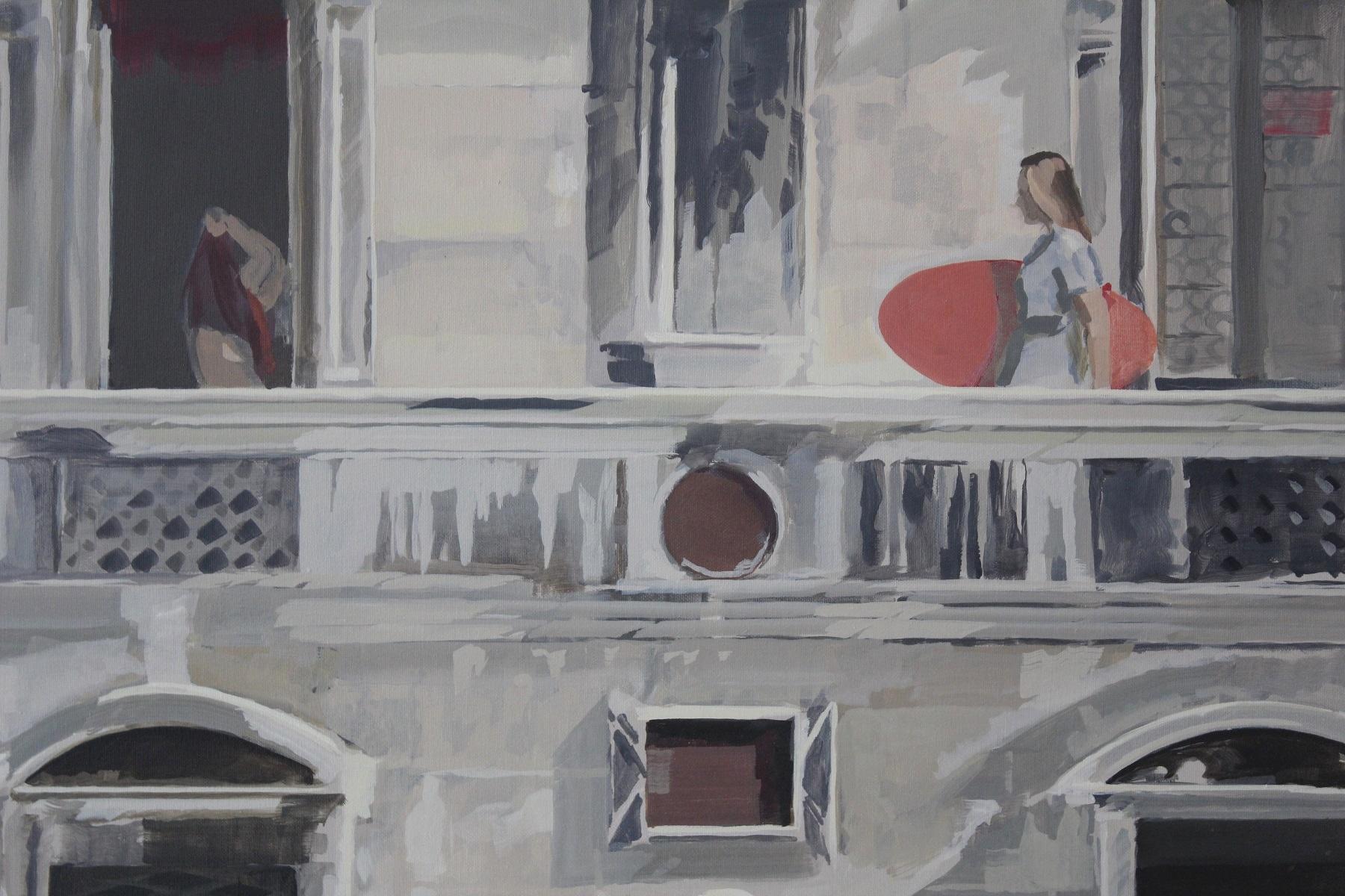 Balcony - Peinture  l'huile sur toile contemporaine, peinture raliste figurative, art polonais - Gris Figurative Painting par Marek Okrassa