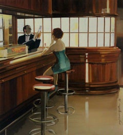Bar - XXI century, Oil figurative painting, Interior