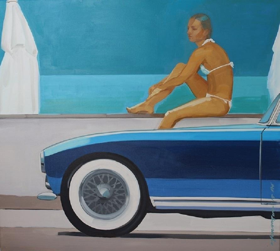 Beach (A car) - XXI century, Figurative realist oil painting, Blue 3