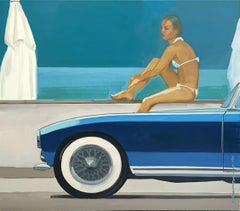 Beach (A car) - XXI century, Figurative realist oil painting, Blue