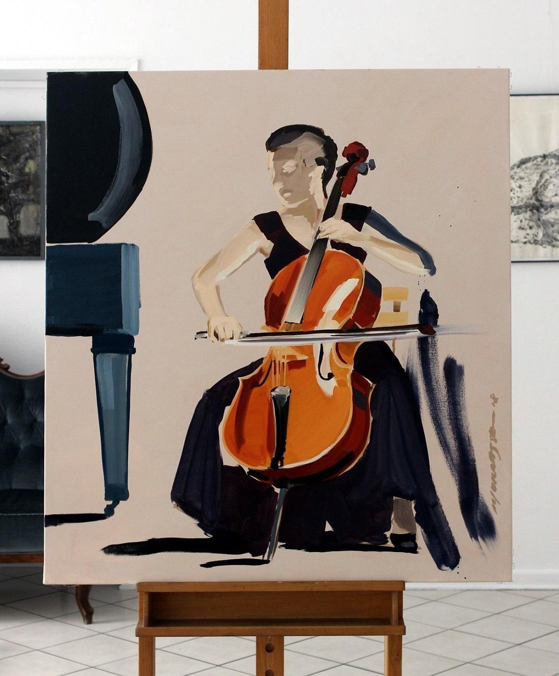 Oil painting depicting a female cellist painted by Marek Okrassa, who was twice awarded with a grant from the Ministry of Culture and Arts and in 1999, the Silver Spur in 2000, the honourable mention of Franciszka Eibisch Foundation in 2004 at the