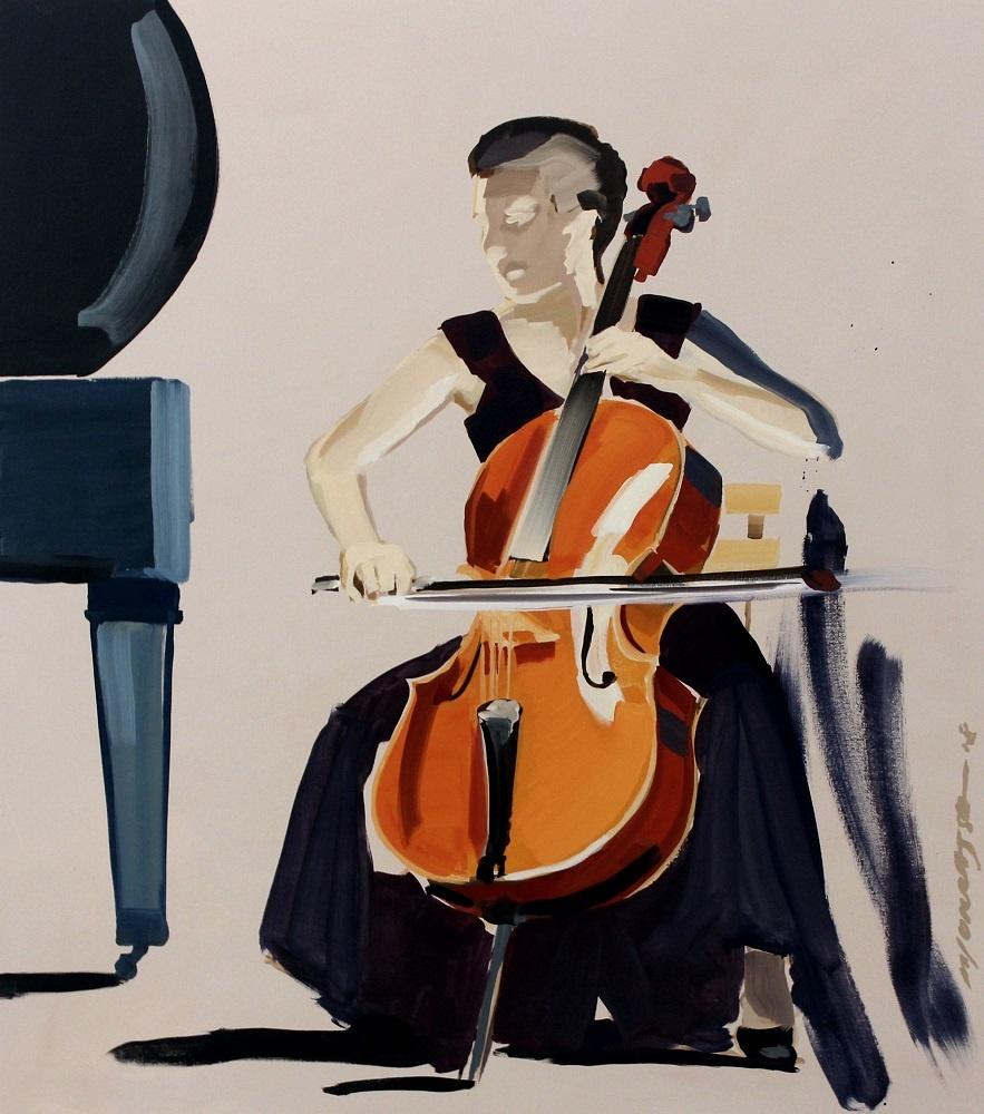 Marek Okrassa Interior Painting - Cellist - XXI Century, Contemporary Figurative Oil Painting, Music, Realism 