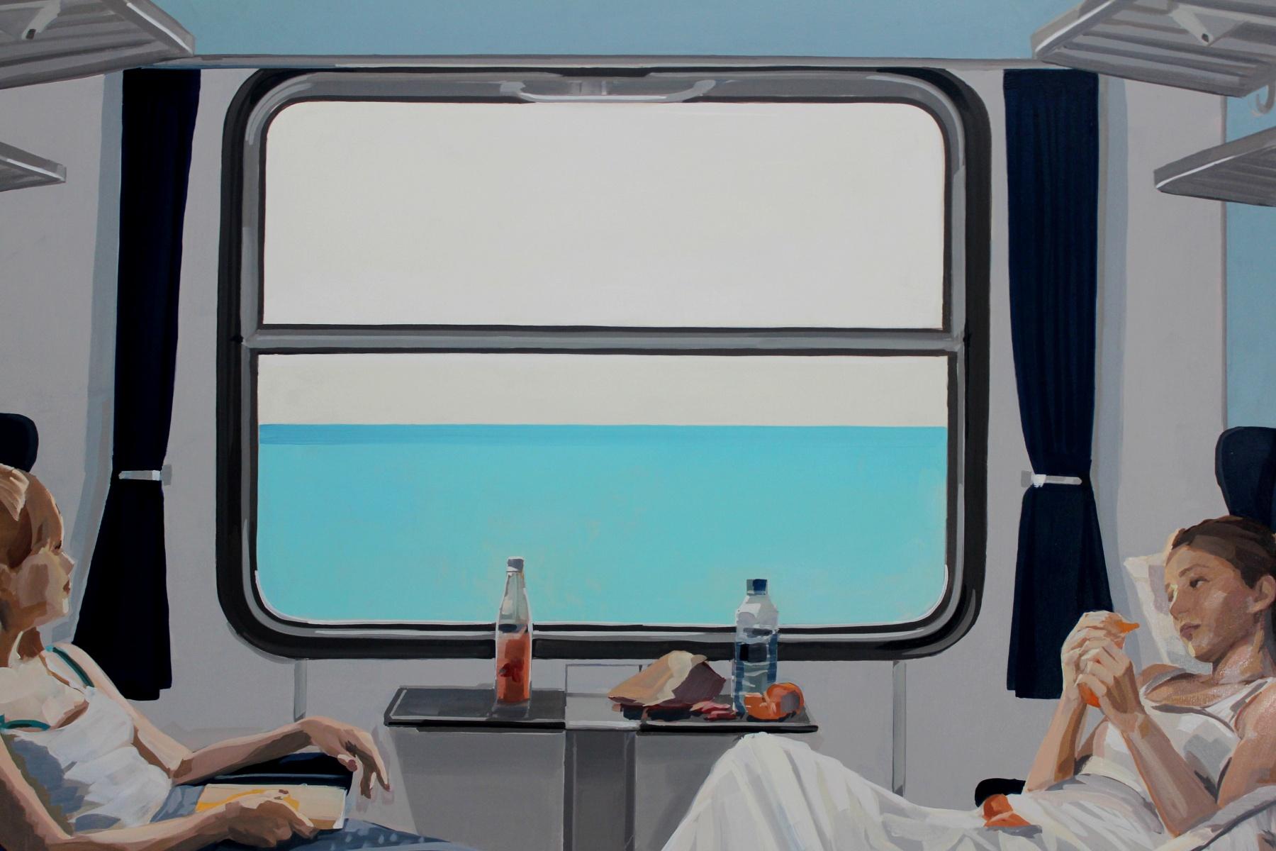 Oil painting depicting two women in a train by the sea, painted by Marek Okrassa, who was twice awarded with a grant from the Ministry of Culture and Arts and in 1999, the Silver Spur in 2000, the honourable mention of Franciszka Eibisch Foundation