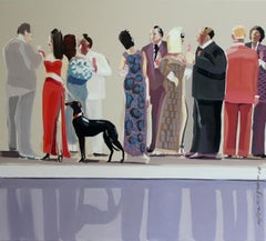 Party with a black hound - XXI Century, Contemporary Figurative Oil Painting