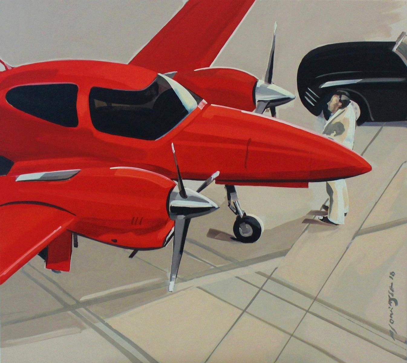 Marek Okrassa Figurative Painting - Red plane - XXI century, Oil figurative painting, Avionette, Red colour