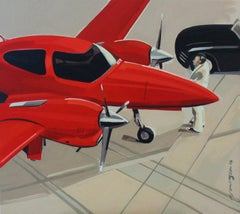 Red plane - XXI century, Oil figurative painting, Avionette, Red colour