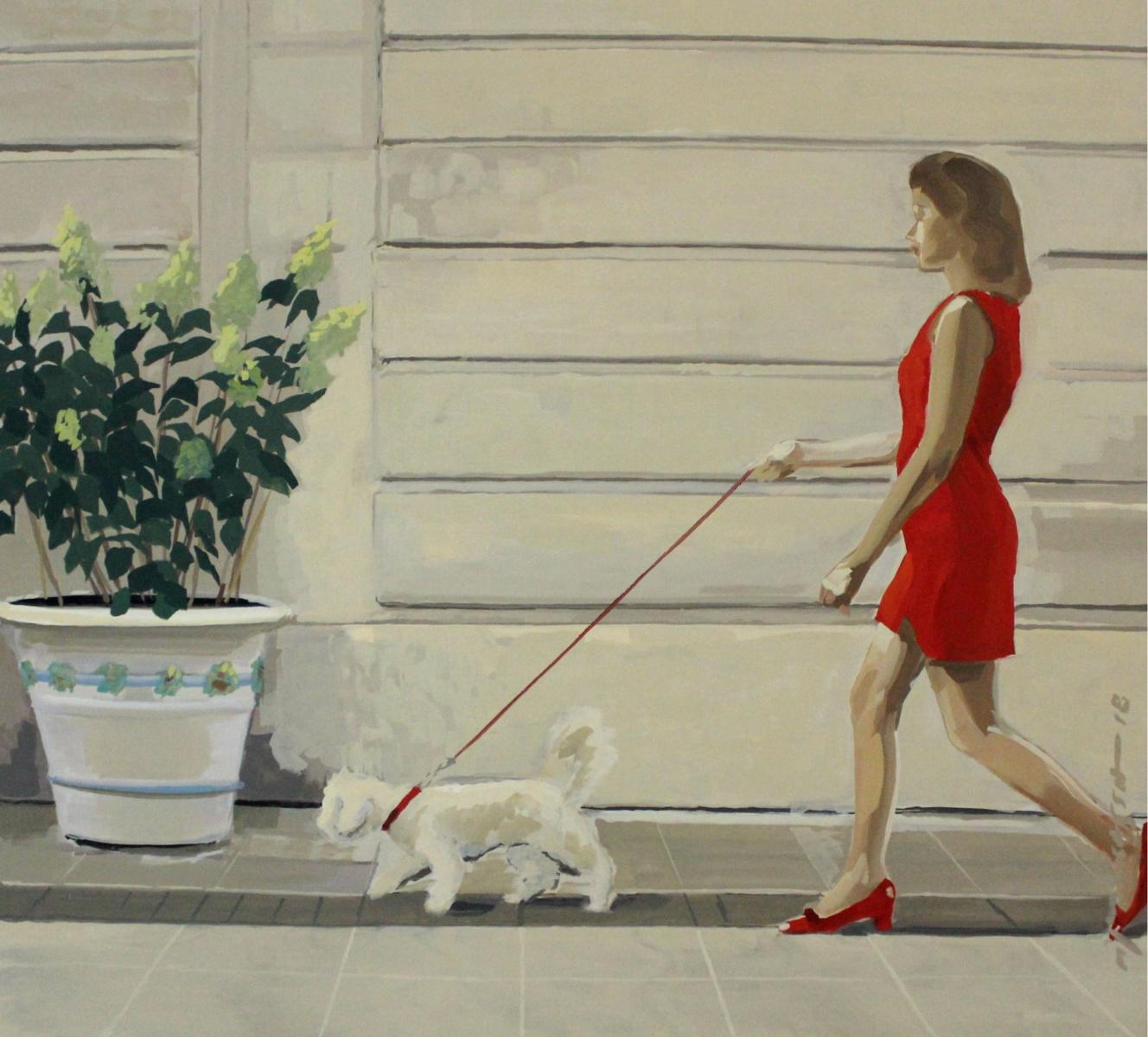 Marek Okrassa Walk with a dog XXI century, Oil figurative painting