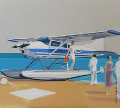 White hydroplane - XXI century, Figurative oil realist painting, Planes