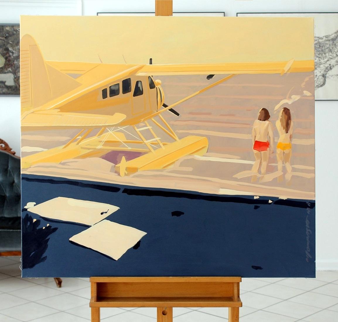 Oil painting depicting a yellow, vintage hydroplane and two women painted by Marek Okrassa, who was twice awarded with a grant from the Ministry of Culture and Arts and in 1999, the Silver Spur in 2000, the honourable mention of Franciszka Eibisch