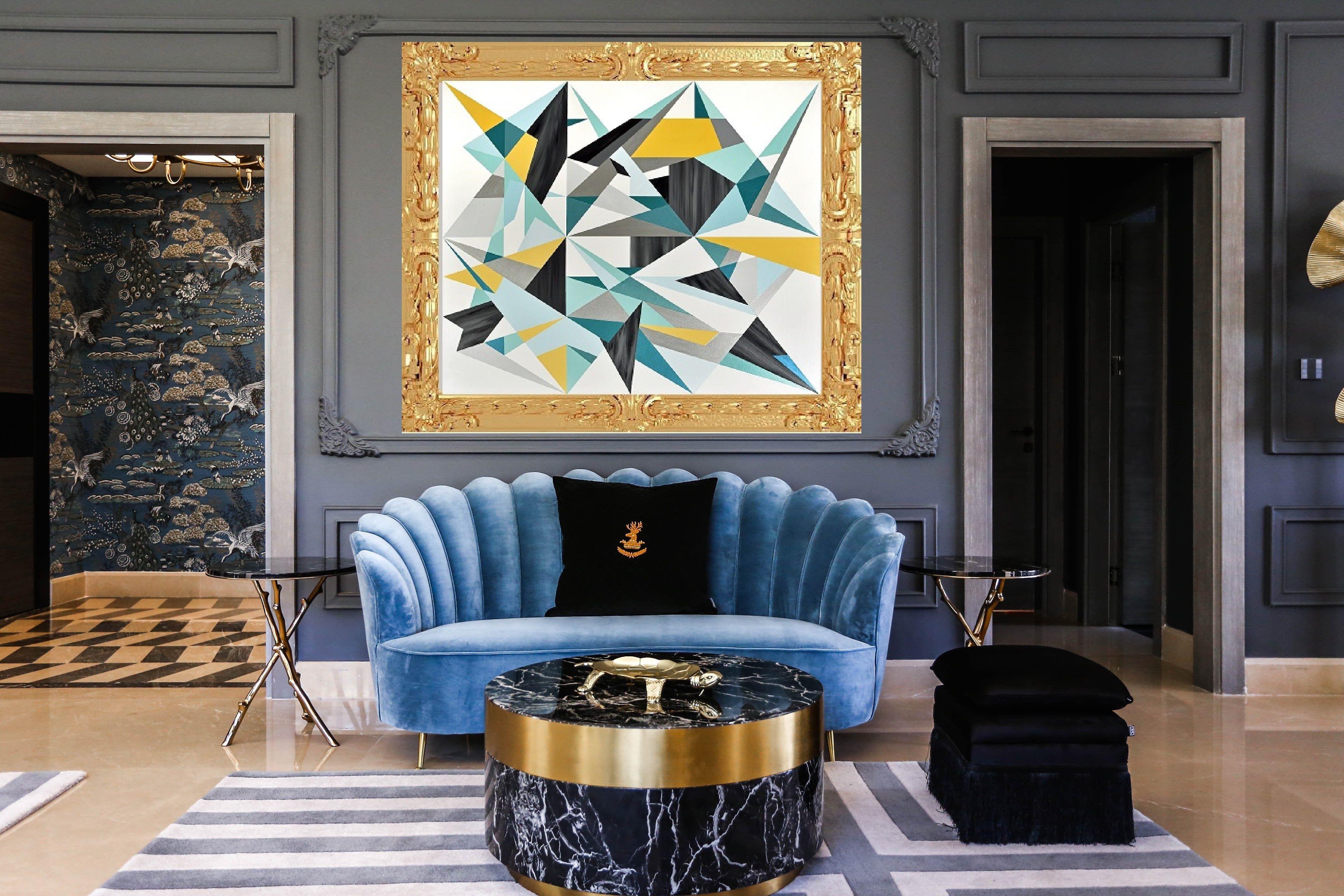 Questo dipinto rappresenta l'intreccio di forme geometriche e bordi di trasparenza.  Gioco con forme geometriche basate su una rete geometrica e con la modellazione dello spazio. Pronto per essere appeso alla parete. I miei quadri sono imballati in