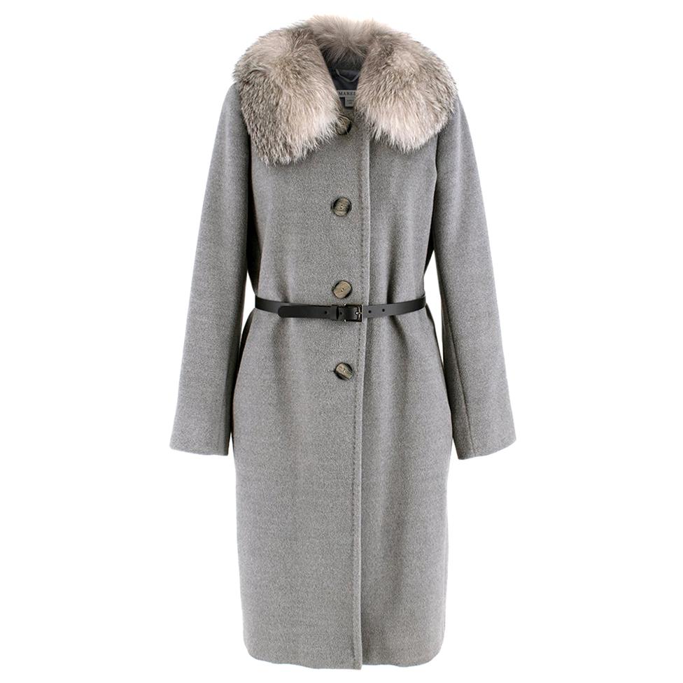 Marella Detachable Fur Collar Grey Wool Coat - Size US 8 For Sale