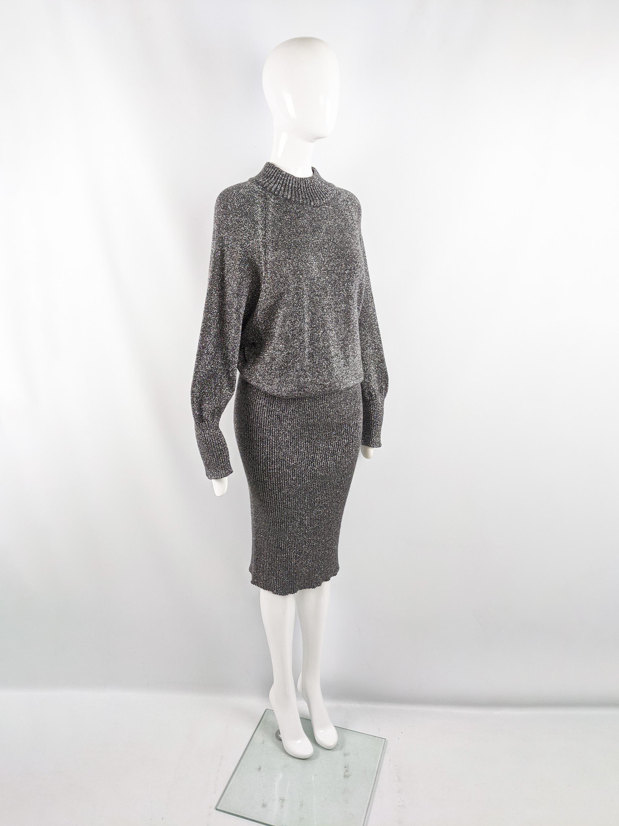 Marella Vintage 80s Silver Lurex Jumper Ribbed Sweater Dress, 1980s In Excellent Condition For Sale In Doncaster, South Yorkshire