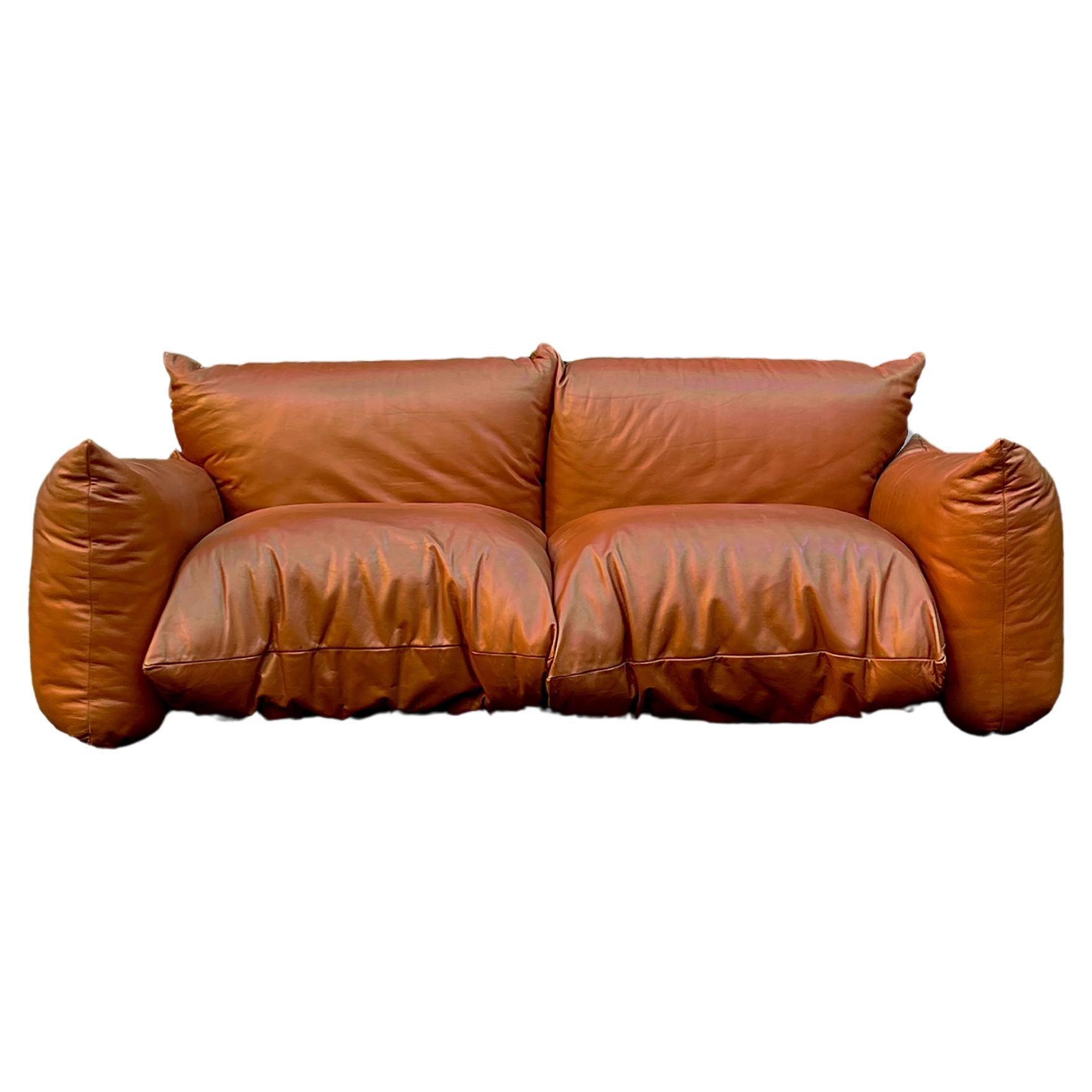 “Marenco” cognac leather sofa designed by Mario Marenco for Arflex, Italy 1970s For Sale