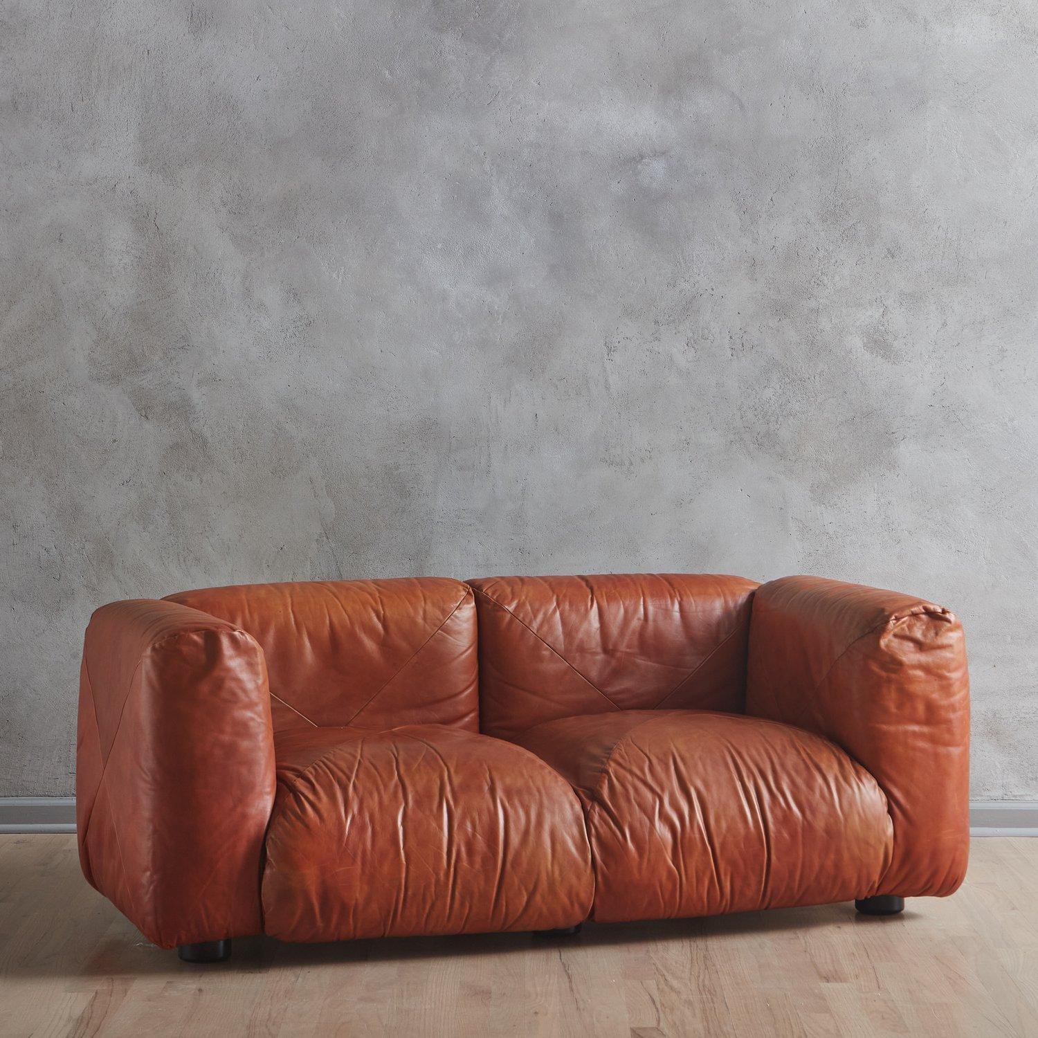 Mid-Century Modern Marenco Sofa in Original Cognac Leather by Mario Marenco for Arflex, Italy 1970s For Sale