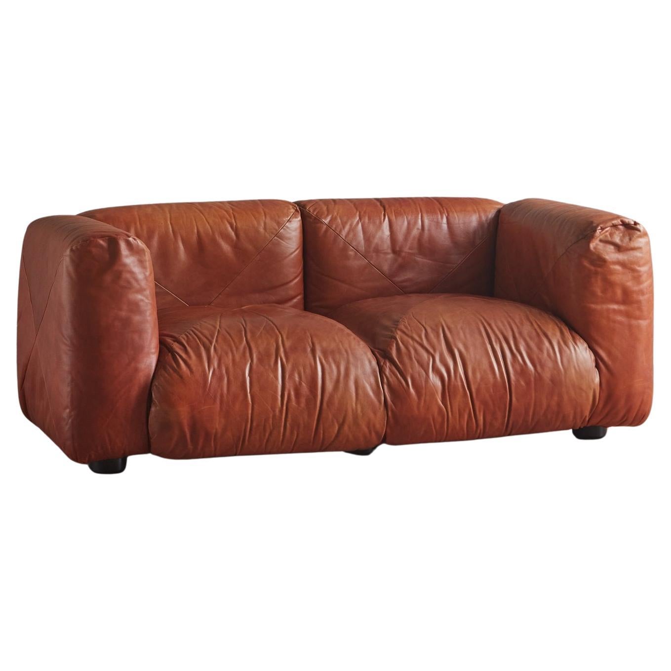 Marenco-Sofa aus cognacfarbenem Original-Leder von Mario Marenco für Arflex, Italien 1970er Jahre