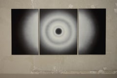 Peinture abstraite contemporaine en triptyque, composition minimaliste en noir et blanc