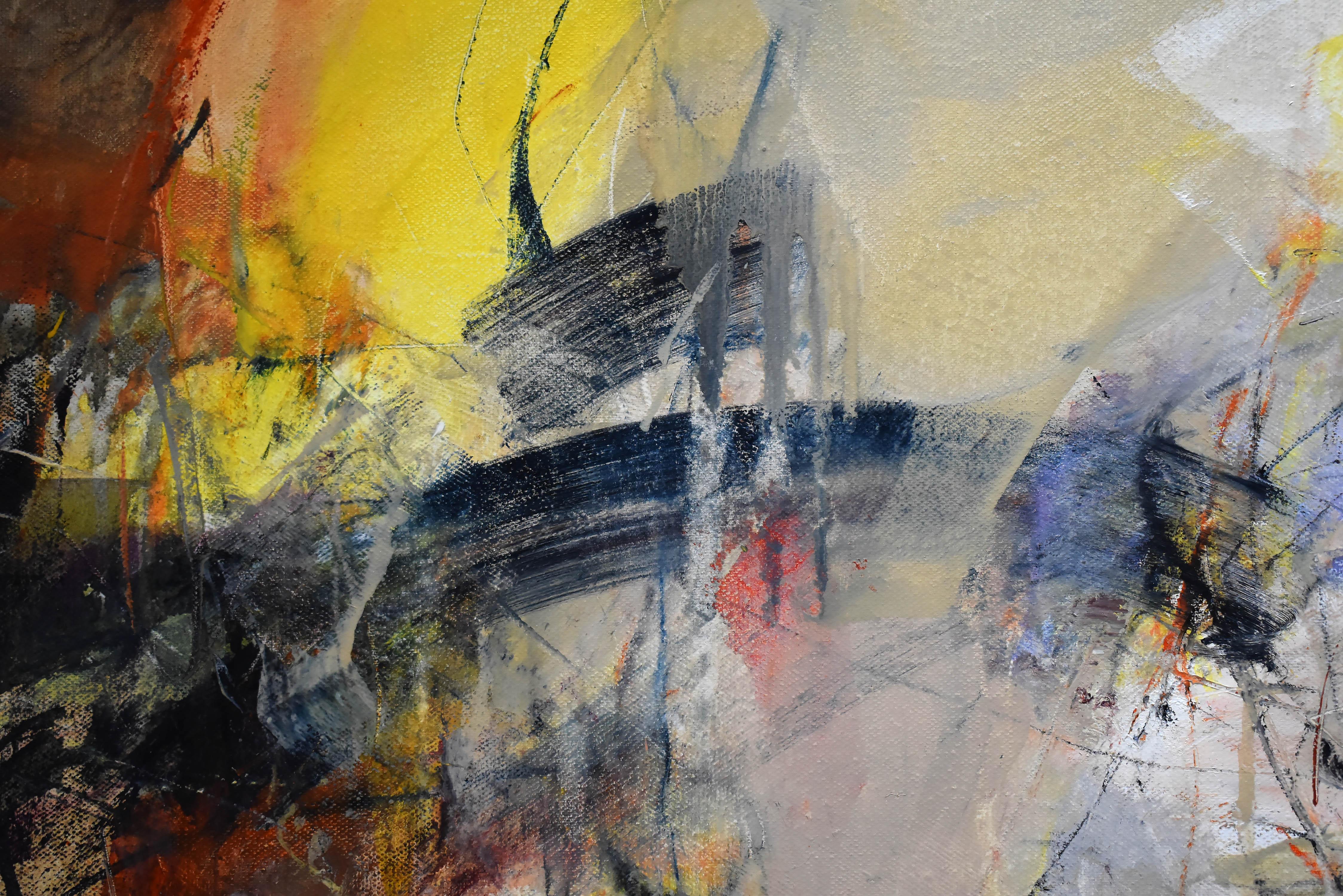In Expectation, Margaret Asatrian channels the emotional tension of anticipation into a dynamic landscape of color, gesture, and form. Warm tones of crimson, ochre, and yellow ignite the canvas like the rising embers of a sunrise, clashing and