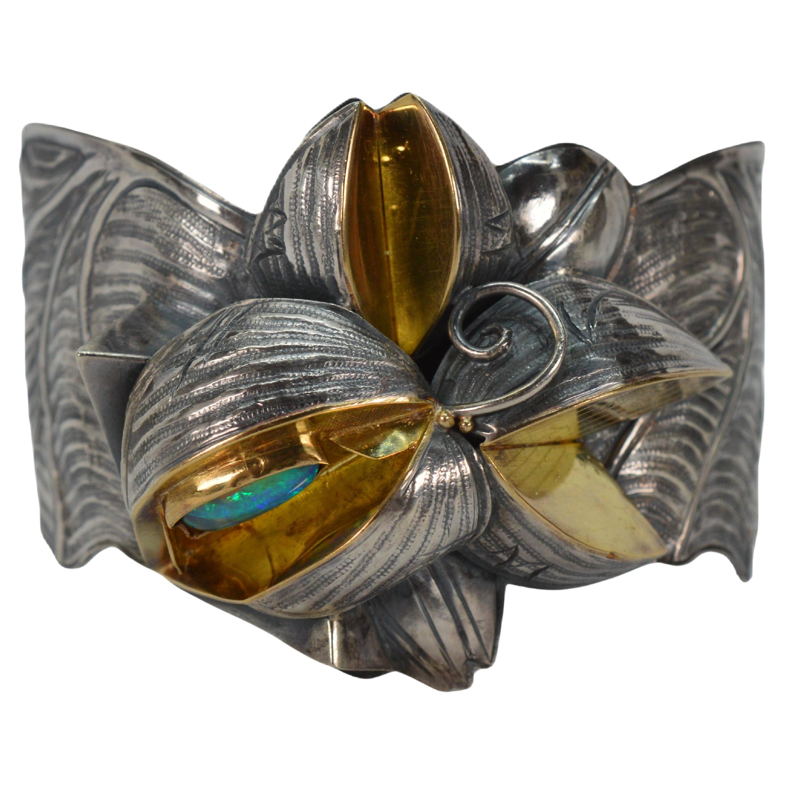 Margaret Barnaby Sterling Silver 18 Karat Gold Floral Art Cuff Bracelet