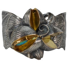 Margaret Barnaby Sterling Silver 18 Karat Gold Floral Art Cuff Bracelet