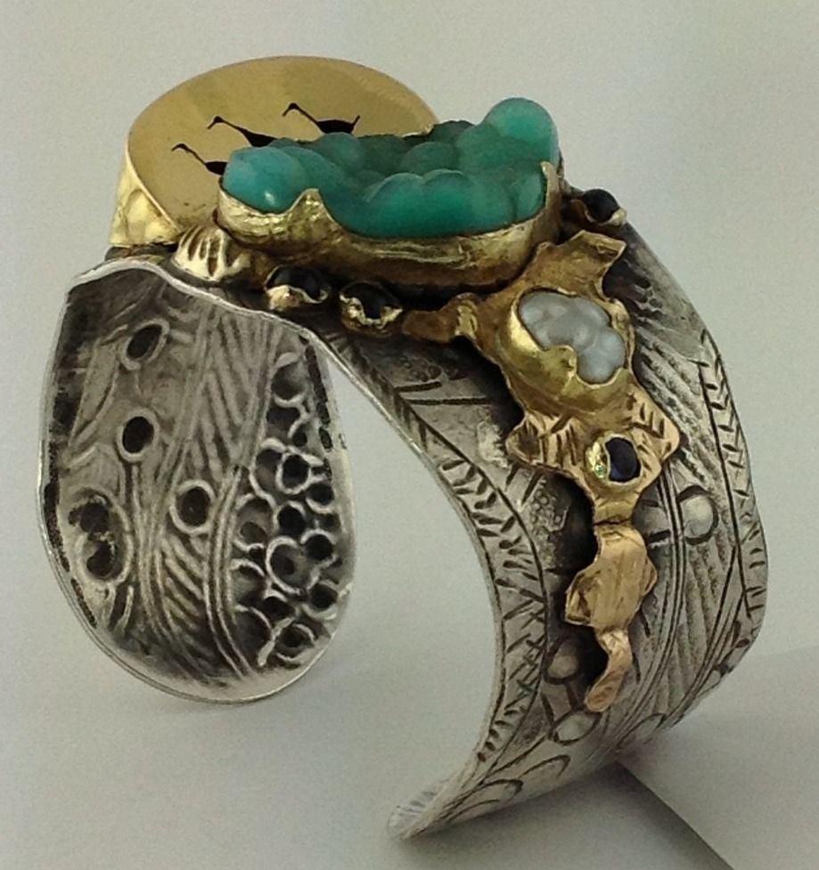 Margaret Barnaby Sterling Silver 18 Karat Gold Cuff Bracelet, Ducks on a Pond In Good Condition In Washington Depot, CT