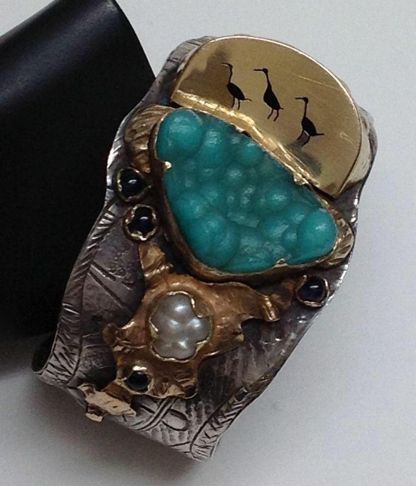 Women's Margaret Barnaby Sterling Silver 18 Karat Gold Cuff Bracelet, Ducks on a Pond