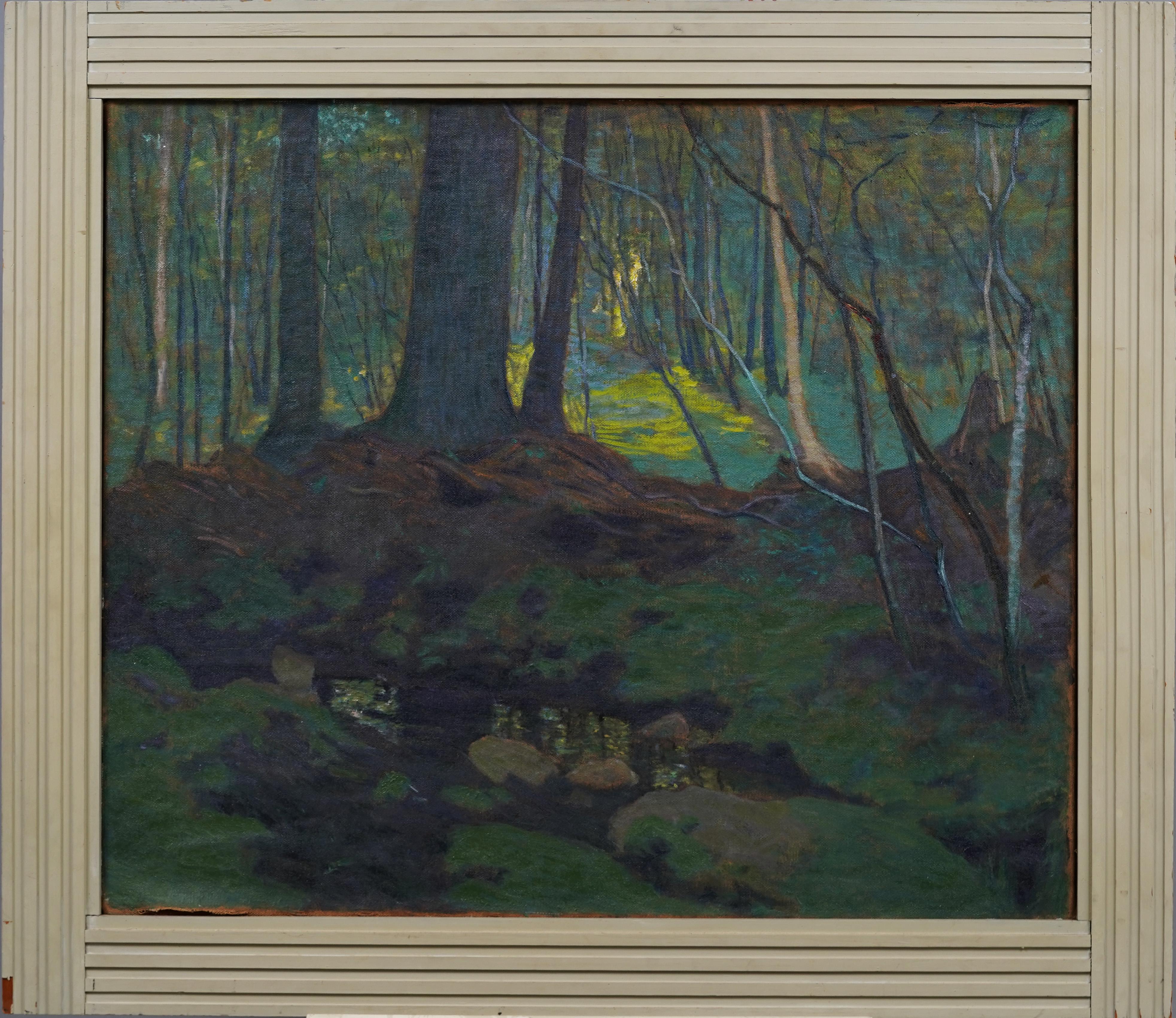 Rara pittura ad olio antica dell'impressionista americano, con cornice, che raffigura la foresta illuminata dal sole - Painting di Margaret (Baugh) Longstreth