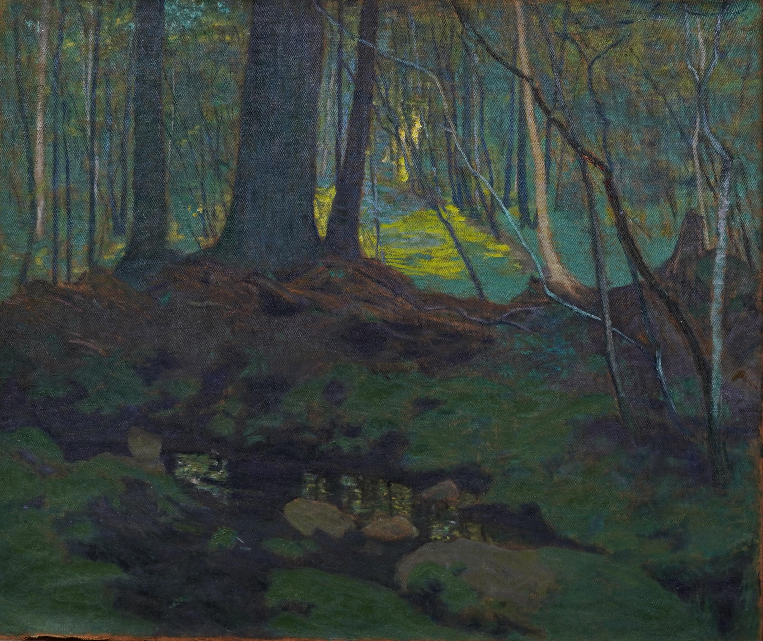 Rara pittura ad olio antica dell'impressionista americano, con cornice, che raffigura la foresta illuminata dal sole - Painting Impressionismo di Margaret (Baugh) Longstreth