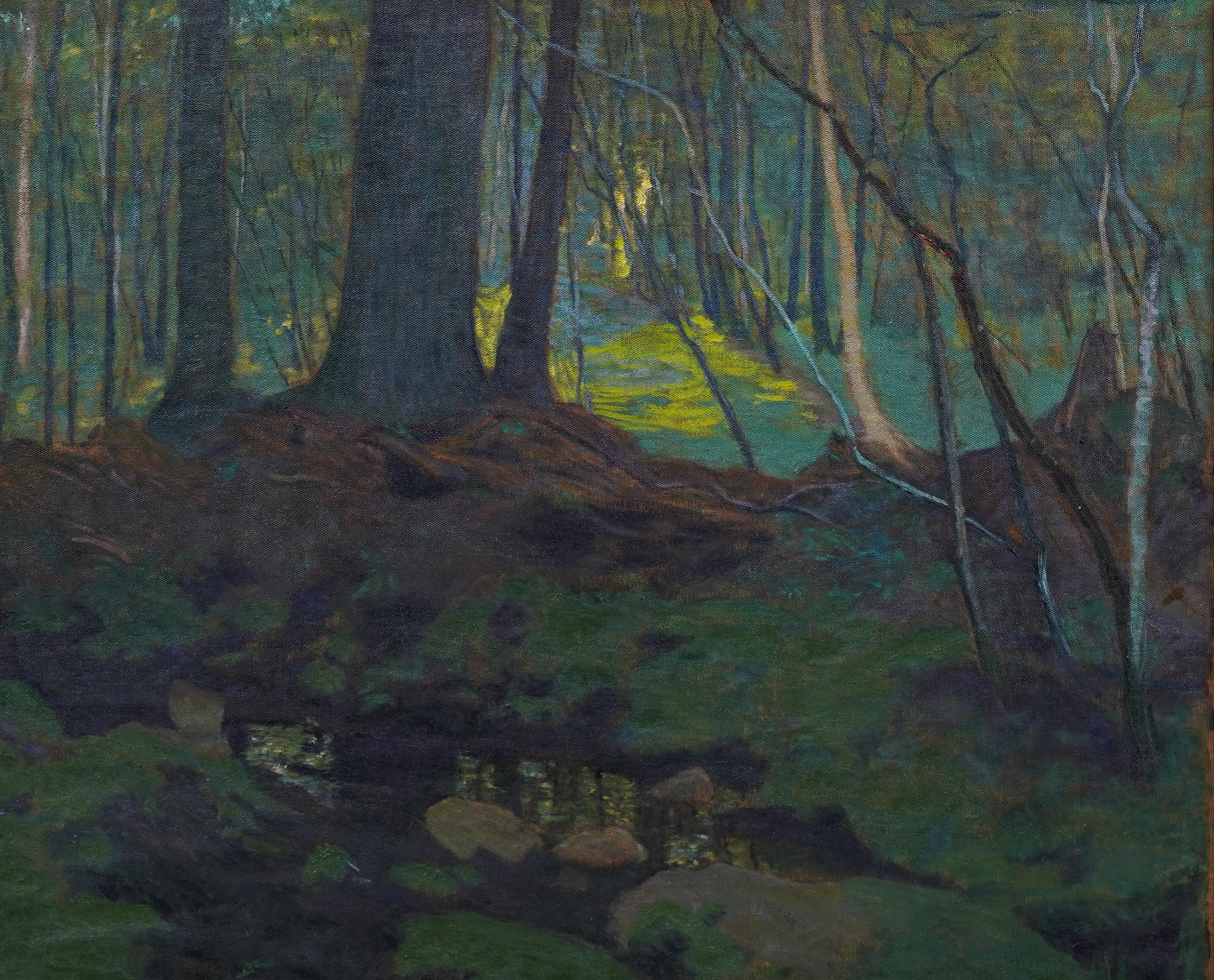 Rara pittura ad olio antica dell'impressionista americano, con cornice, che raffigura la foresta illuminata dal sole - Landscape Painting Nero di Margaret (Baugh) Longstreth
