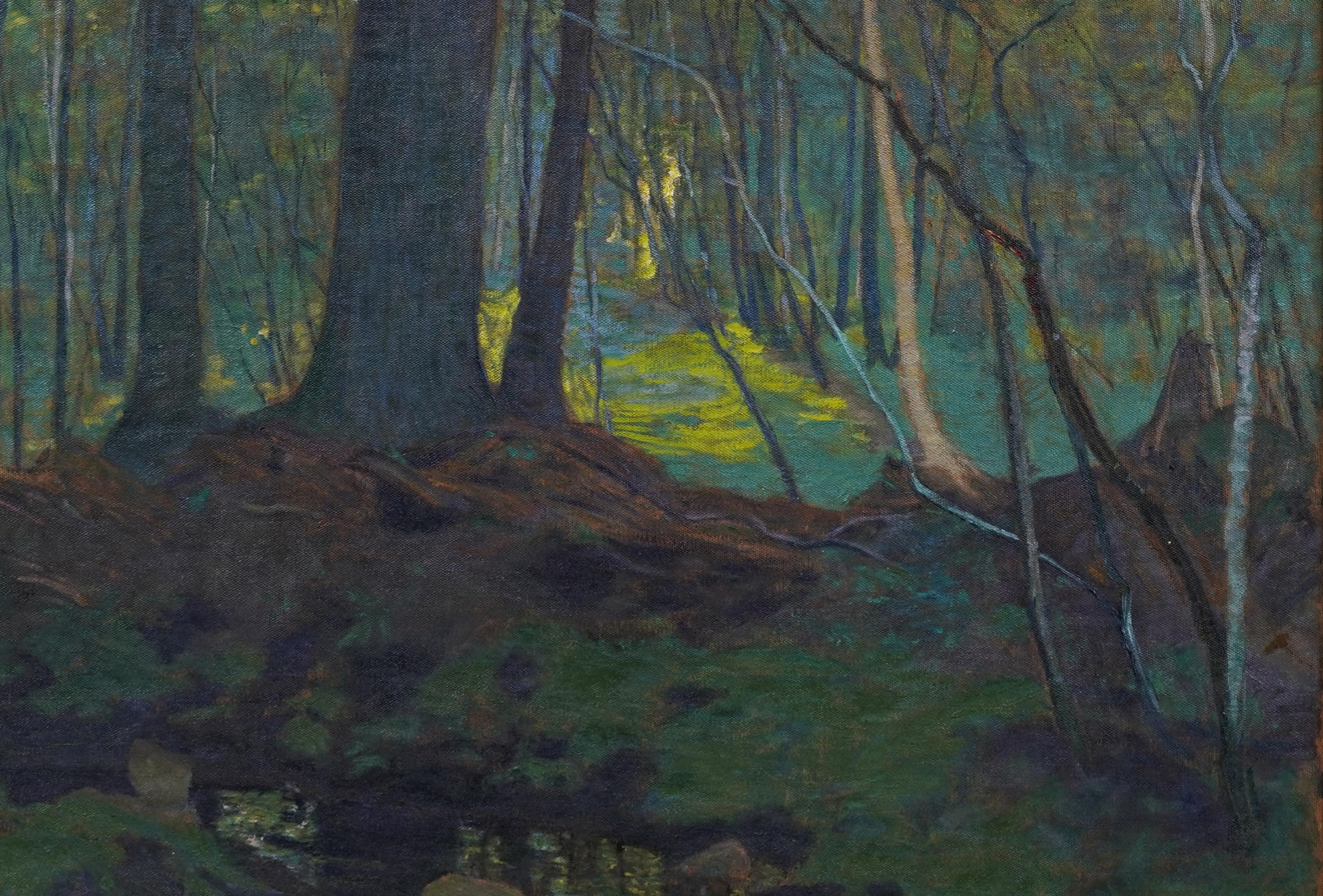 Antico dipinto ad olio di Margaret (Baugh) Longstreth (1864 - 1918) di un interno forestale impressionista americano.  Olio su tela.  Incorniciato.  Firmato sul retro.