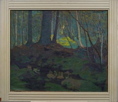 Rara pittura ad olio antica dell'impressionista americano, con cornice, che raffigura la foresta illuminata dal sole