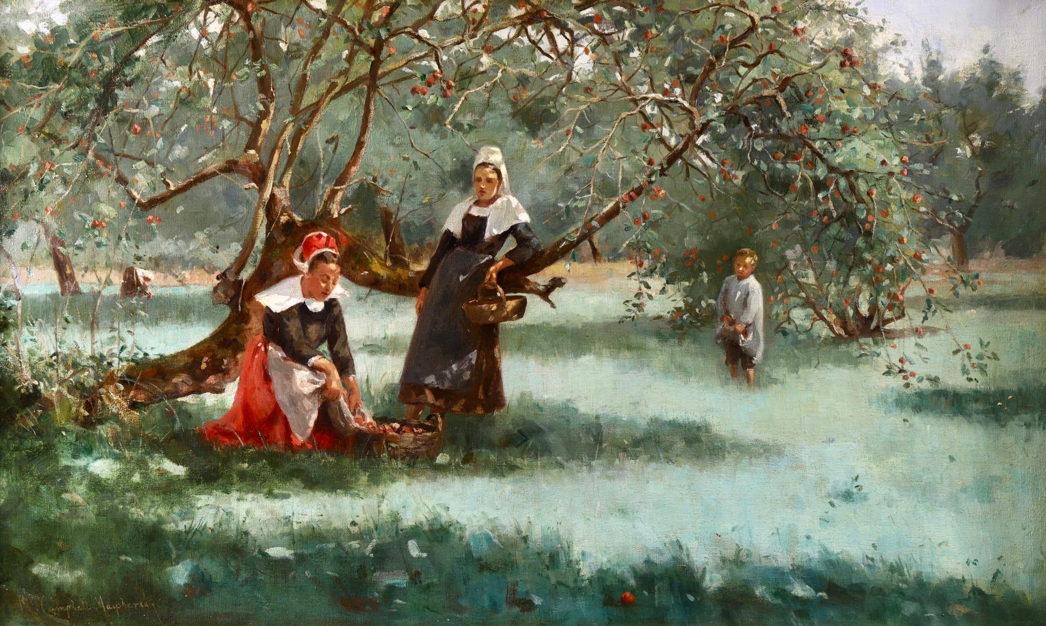 Margaret Campbell MacPherson Figurative Painting - Collecting Apples - Impressionist Oil, Figures in Landscape by M C Macpherson 