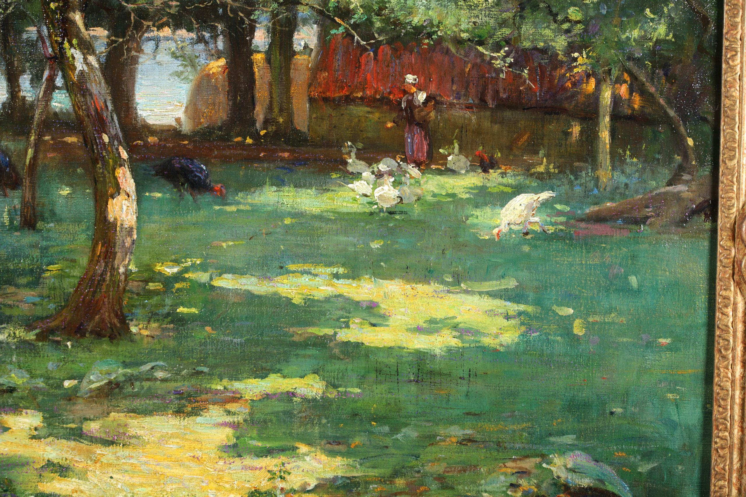 Signed oil on canvas animals in landscape by Canadian impressionist painter Margaret Campbell Macpherson. This charming piece depicts a Breton girl in traditional clothing feeding turkeys and hens in an orchard. 

Signature:
Signed lower