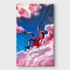 Una pintura figurativa magistral al óleo sobre lienzo, "Nube 9: Columpio"