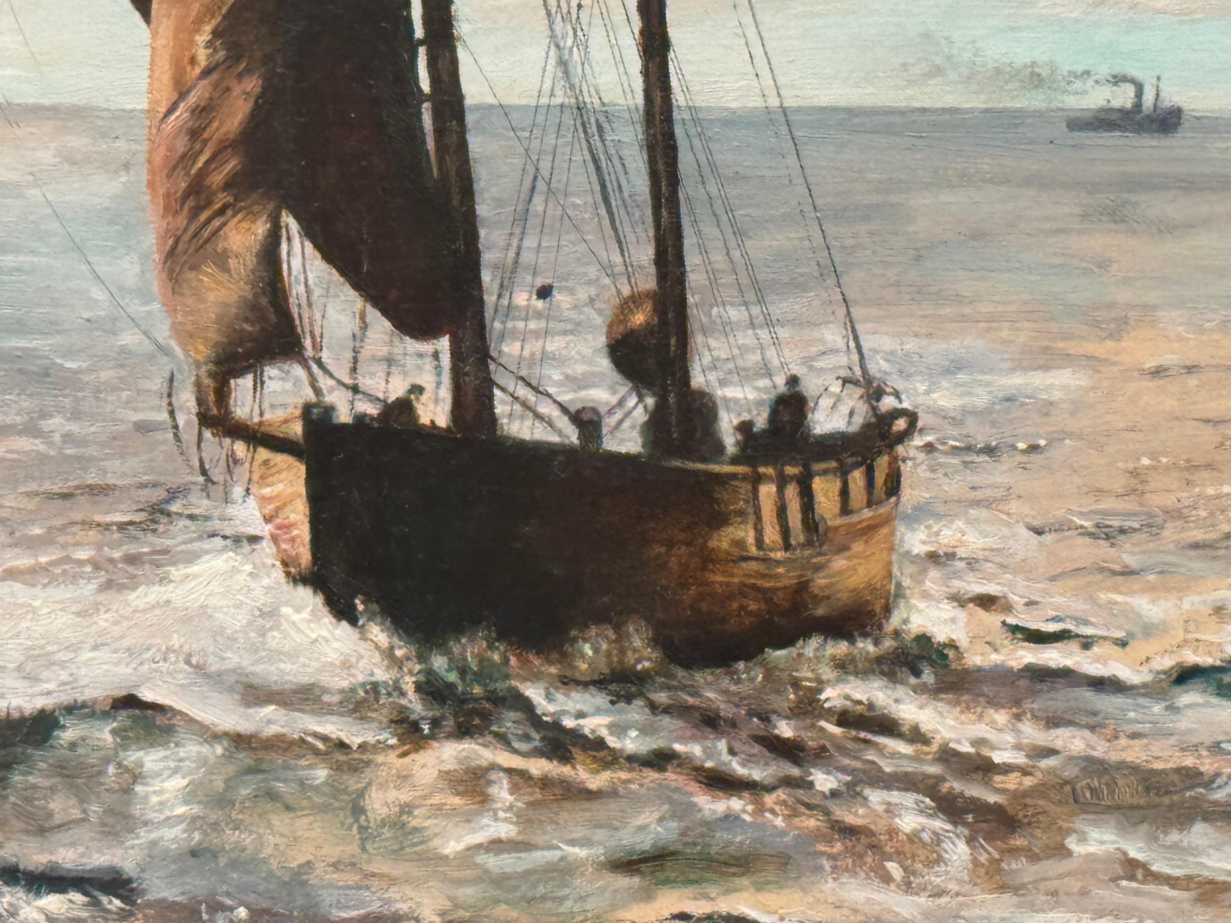 Barco de arrastre en la costa de Norfolk - Pintura al óleo de época de un artista británico 6