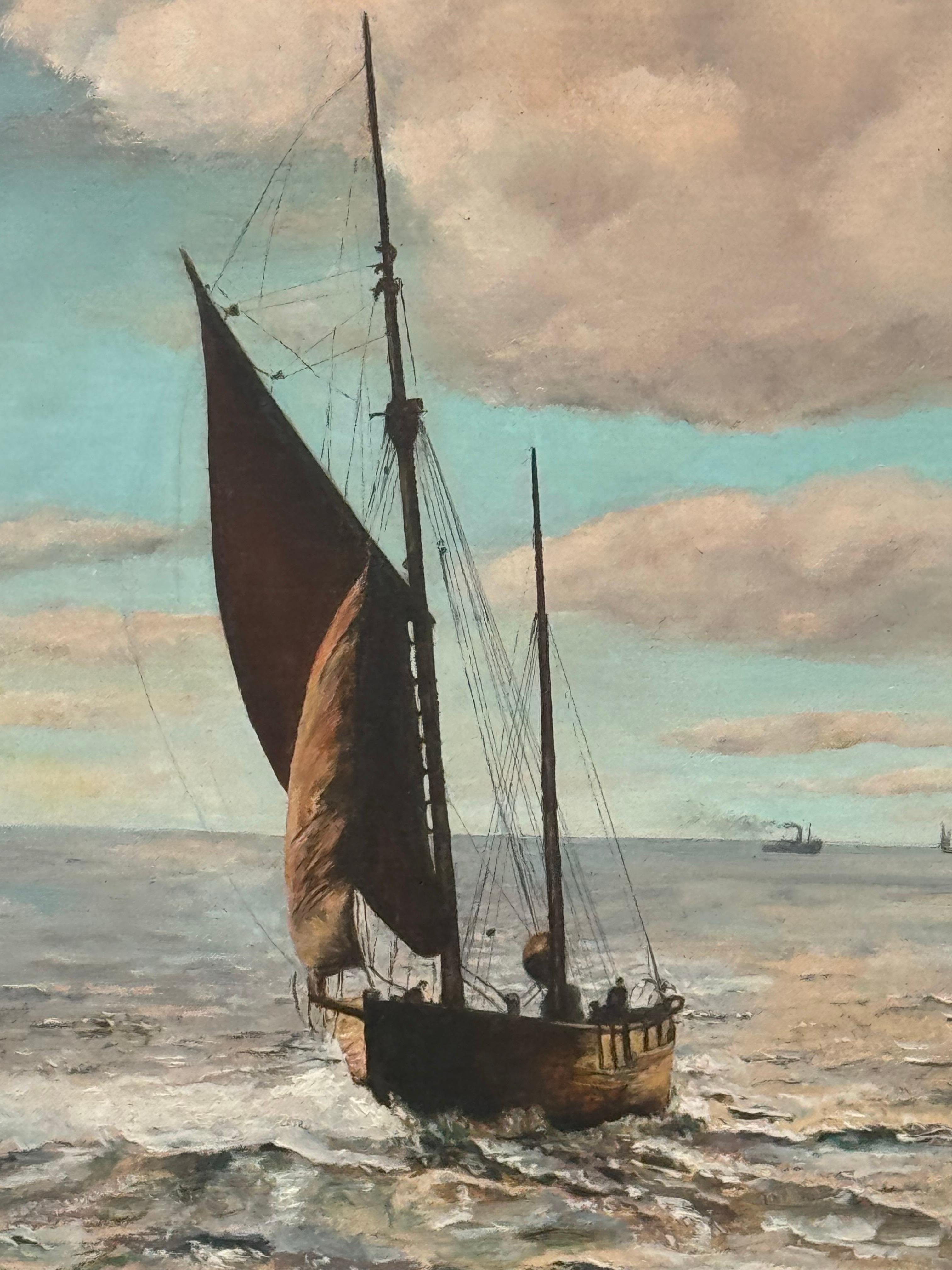 Barco de arrastre en la costa de Norfolk - Pintura al óleo de época de un artista británico 7