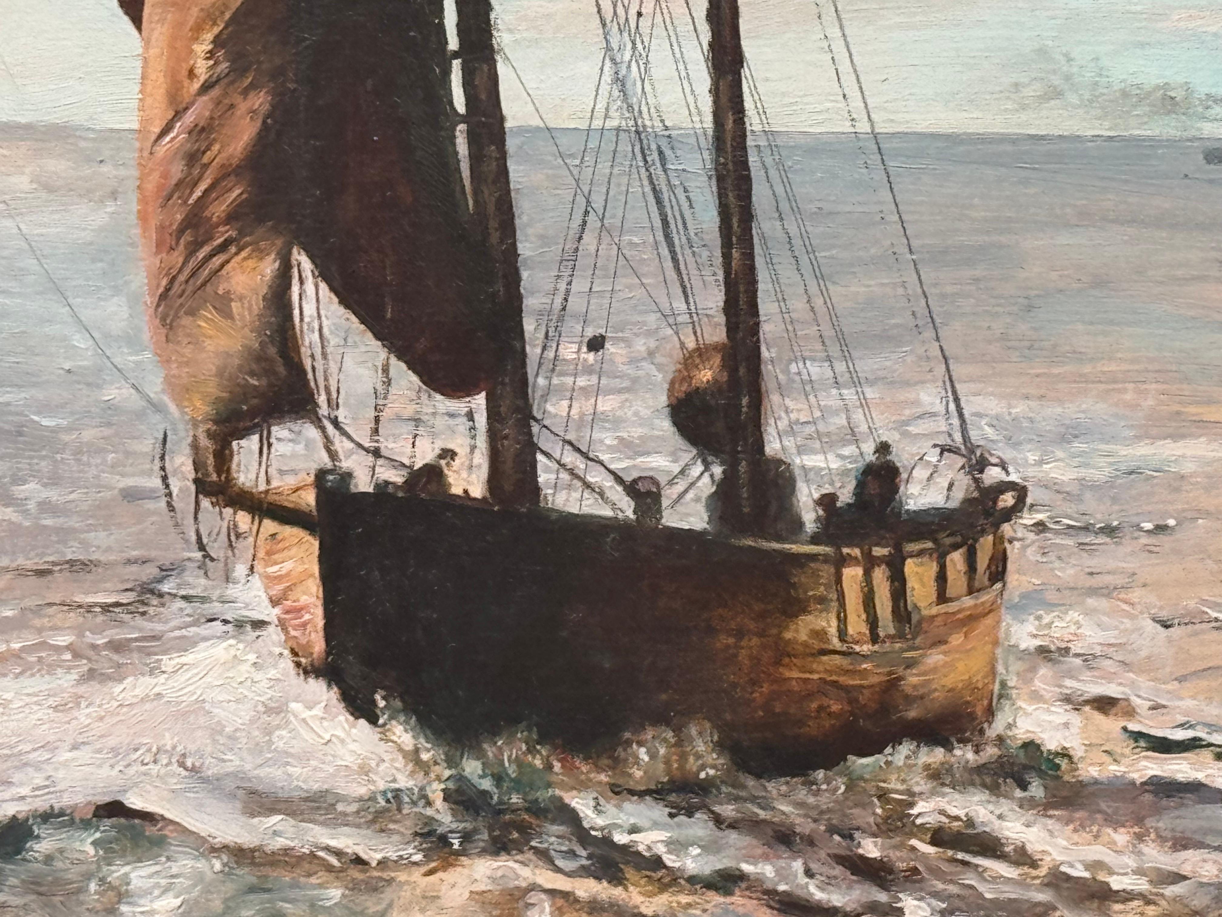 Barco de arrastre en la costa de Norfolk - Pintura al óleo de época de un artista británico 8
