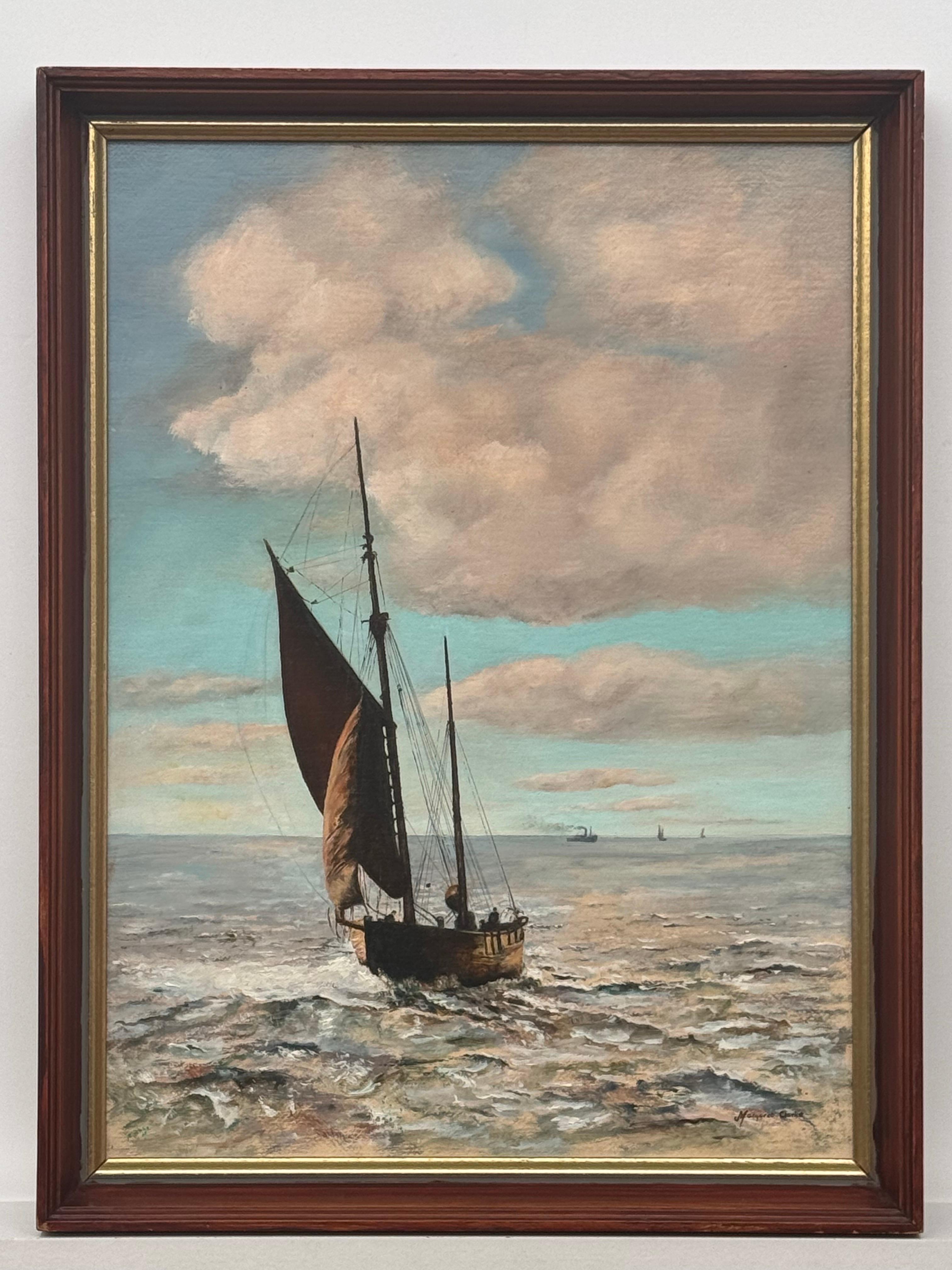 Barco de arrastre en la costa de Norfolk - Pintura al óleo de época de un artista británico 12