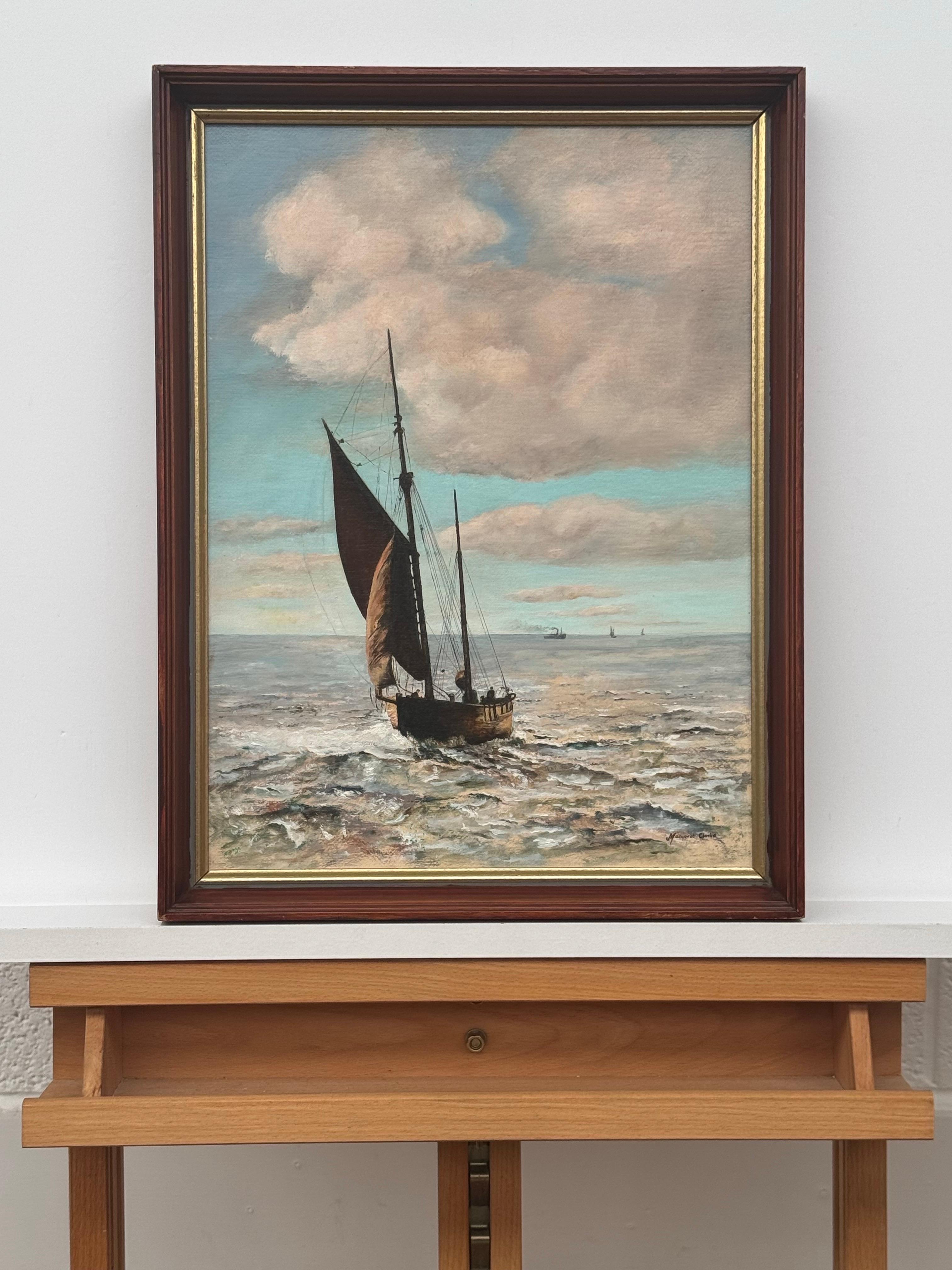 Barco de arrastre en la costa de Norfolk - Pintura al óleo de época de un artista británico - Painting de Margaret Clarke
