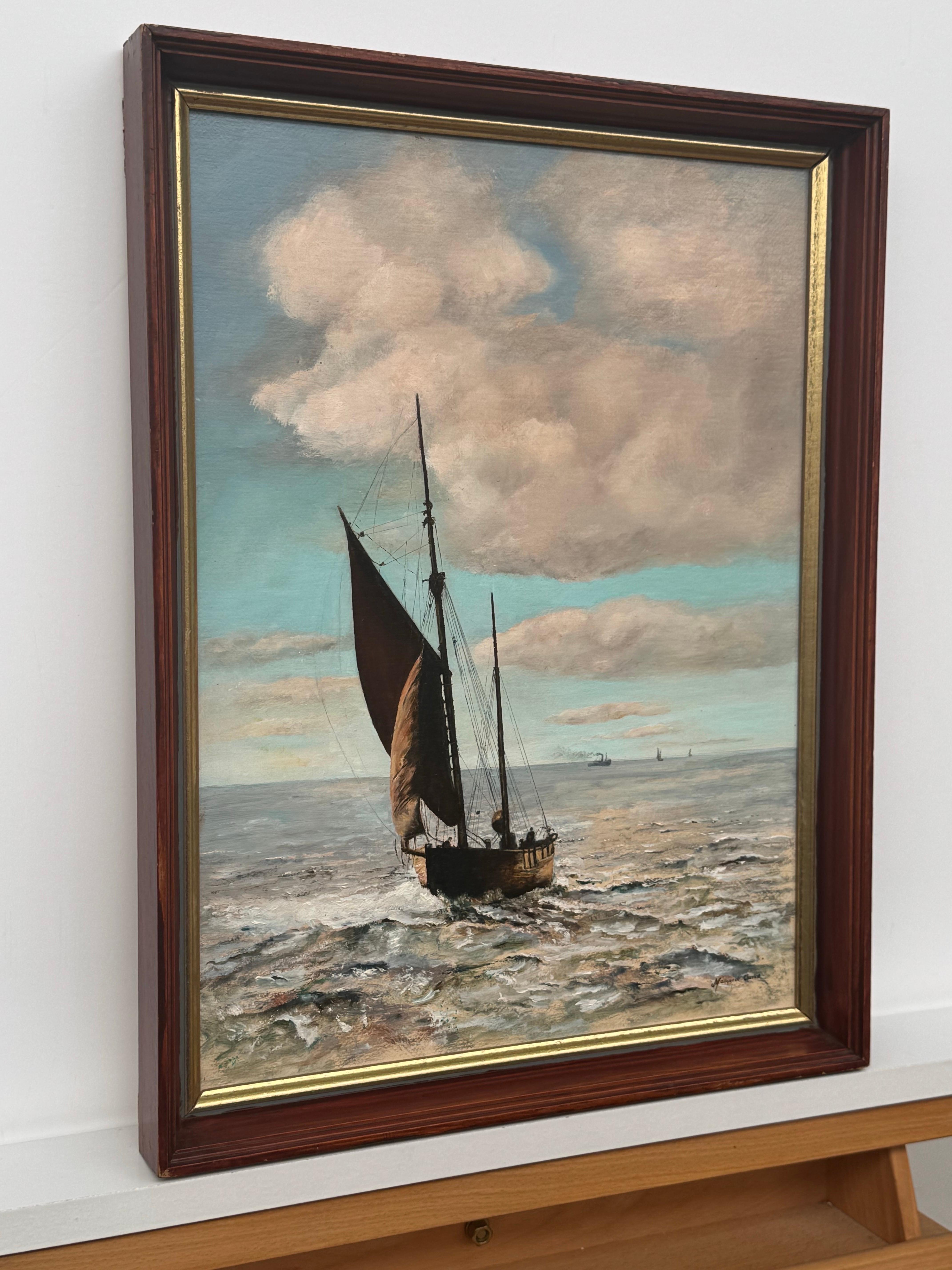 Barco de arrastre en la costa de Norfolk - Pintura al óleo de época de un artista británico - Painting Realista de Margaret Clarke