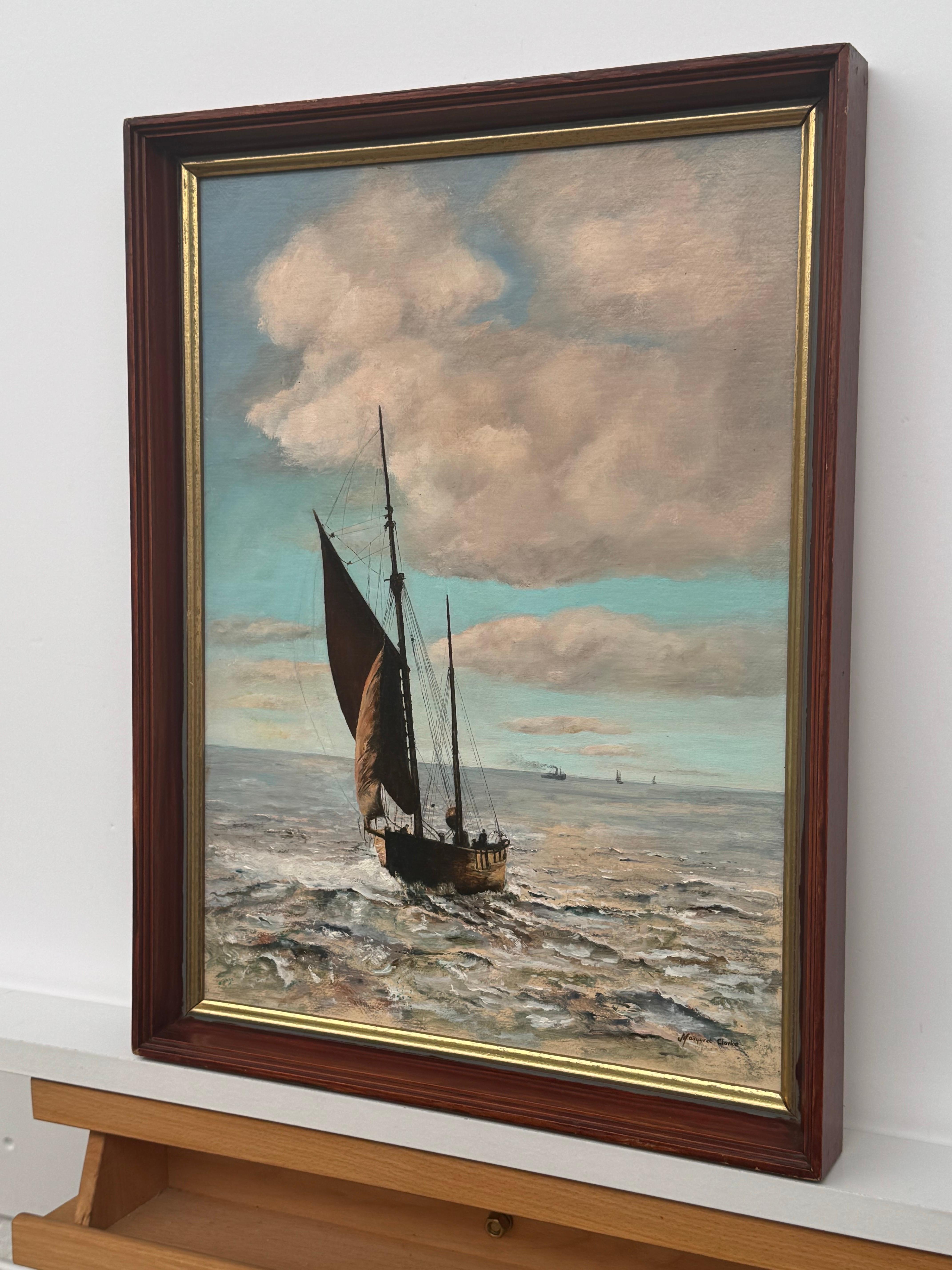 Barco de arrastre en la costa de Norfolk - Pintura al óleo de época del artista británico 

El arte mide 12 x 16 pulgadas 
Medidas del marco. 13 x 17 pulgadas 

Una sorprendente escena marítima representada con delicadeza técnica y profundidad