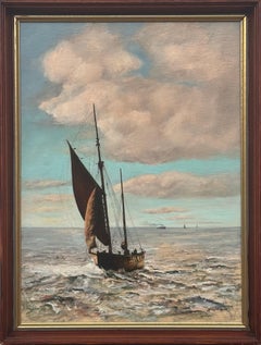 Barco de arrastre en la costa de Norfolk - Pintura al óleo de época de un artista británico